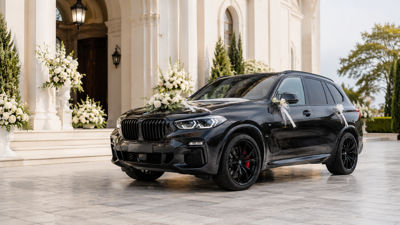 Auto do ślubu Olesno – czarne BMW X5 z dekoracją przed kościołem